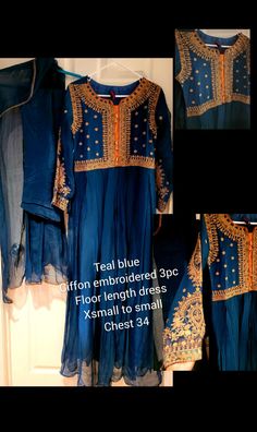 Presenting our exquisite chiffon embroidered long dress, designed with eye-catching embroidery that is sure to make you shine! This stunning 3-piece set comes in a beautiful teal blue color, making it the perfect choice for a wedding outfit.  The set includes a silk pant and chiffon dupatta, adding a touch of elegance to the overall look. It is available in  size xsmall to small,  chest measuring 34 inches and the length being 53 inches.  The pants have a length of 39 inches. To ensure the longevity and delicate embroidery of this outfit, it is recommended to dry clean only. This will help preserve the intricate details and keep the colors vibrant for a long time. Blue Chanderi Floor-length Kurta, Floor-length Blue Kurta With Zari Work, Blue Anarkali Kurta For Transitional Season, Blue Floor-length Kurta With Zari Work, Blue Floor-length Traditional Wear For Transitional Season, Transitional Long Sleeve Blue Anarkali Set, Blue Transitional Traditional Floor-length Wear, Blue Floor-length Chanderi Traditional Wear, Blue Floor-length Kurta For Seasonal Transition