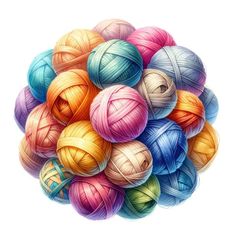 a bunch of balls of yarn in different colors on a white background, illustration painting