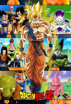 dragon ball z movie poster with all the characters in different positions and colors on it