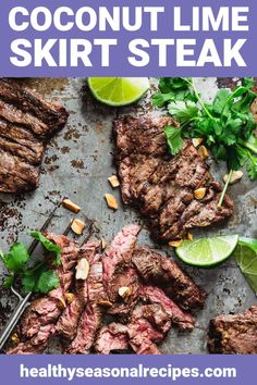 steak with limes and cilantro garnishes on a baking sheet