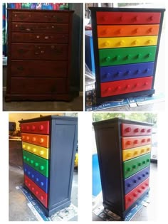 four different colored drawers with knobs on each drawer and the bottom one is made out of wood