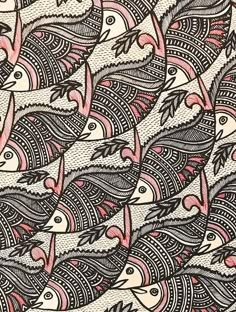 an intricately designed wallpaper with birds and flowers in pink, black and white