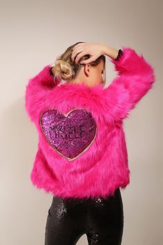 "- Threaded Tribe - ♡ LIMITED EDITION ♡ Fuchsia hot pink faux fur jacket. Hip/Waist length. Casual snug fit! Large pink sequinned heart on back bordered with multicoloured twisted kitschy trim. Hand embellished black sequin \"Myself\" lettering on back. What's more important than.. YOU! Spread the self love and be proud of who you are! The perfect jacket to make a statement. Wear at a party, festival, or day to day. Keep cosy and warm this winter in style. Note: Garment Care Due to the delicate Pink Faux Fur Jacket, Pink Costume, Pink Faux Fur, Rocker Style, Faux Fur Jacket, Black Sequins, Fur Jacket, Festival Fashion, Party Outfit