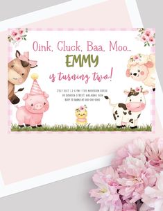 a pink card with farm animals on it and the words ink, chick baa moo is turning two