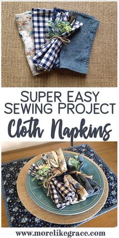 a collage of photos showing how to sew an easy sewing project with cloth napkins