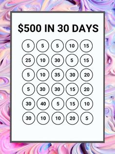 the $ 500 in 30 days printable is displayed on a white background with multicolored swirls