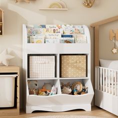 a child's room with bookshelves and toys