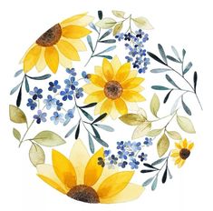 a watercolor painting of sunflowers and blue flowers in a circle with leaves