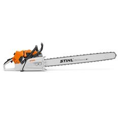 a chainsaw with an orange handle is shown on a white background in this image