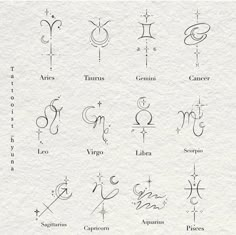 the zodiac signs are drawn on paper with black ink and some type of writing in it