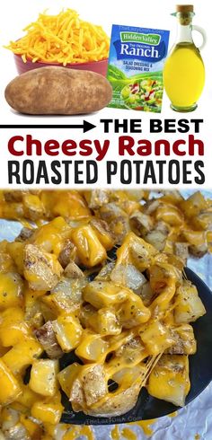 cheesy ranch potatoes in a blue bowl with cheese on the side and an image of