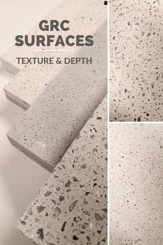 four different views of granite surfaces with text that reads grc surfaces texture & depth