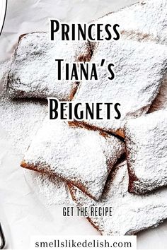 princess tiana's beginners recipe with powdered sugar on top and text overlay