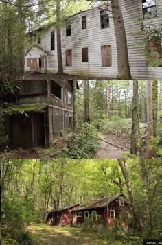 an old abandoned house in the woods with trees around it and another photo taken from inside