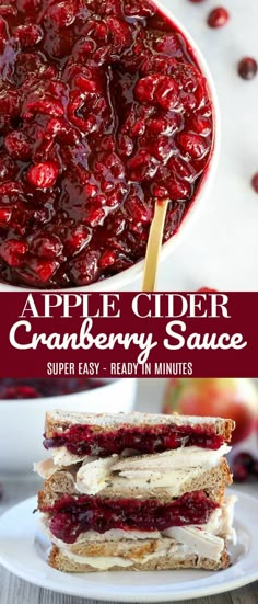 an apple cider cranberry sauce is in a bowl and on a plate