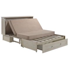 the bed frame is made up and has two drawers underneath it, which are open to reveal a pull out mattress