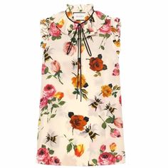 Gucci Shirts, Gucci Floral, Grosgrain Ribbon Bows, Silk Sleeveless Top, Printed Silk Shirt, Ivory Silk, Shirts Women, Dear Santa, Silk Crepe