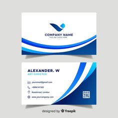 a business card with blue and white wavy lines on the front, and back side