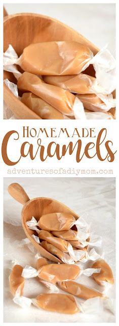 homemade caramels in wooden spoons with text overlay