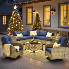 a living room filled with furniture next to a christmas tree