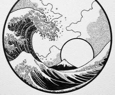 an ink drawing of a wave in the ocean