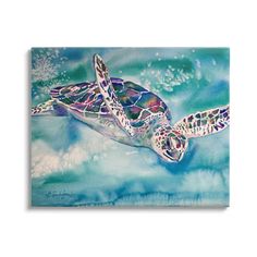 a painting of a turtle swimming in the ocean with blue water and clouds behind it