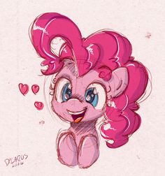 a drawing of a pink pony with hearts on it's head and eyes, sitting in front of a white background