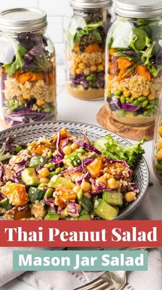 thai peanut salad with mason jar salad in the background