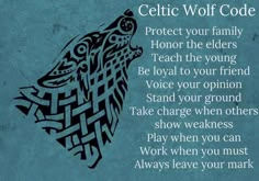 the celtic wolf code is written in black on a blue background with an image of a wolf's head