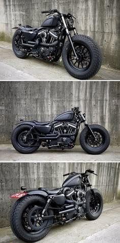 three different views of a motorcycle parked in front of a concrete wall with black rims