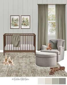 a baby's room with furniture and decor in shades of gray, green, beige and white