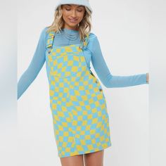 A Woven Overall Dress Featuring An Allover Wavy Checkered Pattern, Square Neck, Bib Pocket, Adjustable Shoulder Straps, Side Button Closures, Back Patch Pockets, And A Mini Length. Size L. Wavy Checkered Pattern, Red And Blue Dress, Brown Midi Dress, Checker Pattern, Picnic Dress, Graphic Dress, Cute Preppy Outfits, Dress Orange, Cute Comfy Outfits