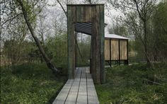 an outhouse in the woods with a wooden walkway leading up to it's entrance