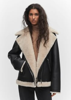 Faux Shearling Jacket, Trendy Jackets, Black Faux Leather Jacket, Aviator Jackets, Sherpa Jacket, Leather Jacket Black, Mode Inspo, Line Jackets, Shearling Jacket