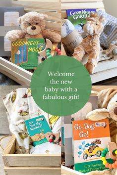 baby gift baskets with teddy bears, books and other items for the baby's first birthday