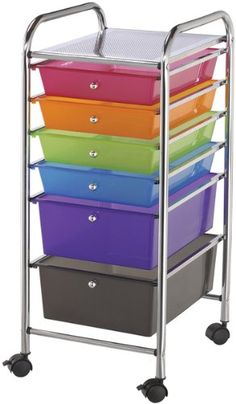 a multicolored storage cart with six bins