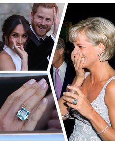 two pictures of prince harry and princess charlotte with their engagement rings on them, one showing the diamond ring