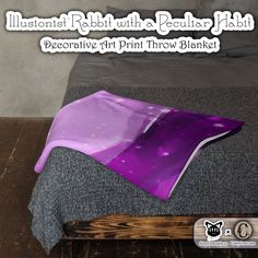 a bed with a purple blanket on it and the words decorative art print throw blanket