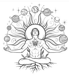 a man meditating in the lotus position with planets around him and stars above his head