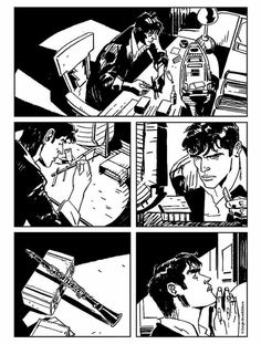 black and white comic strip with two people talking to each other, one person holding a pen