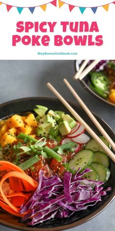 this spicy tuna poke bowl is loaded with fresh vegetables, avocado, and sliced cucumbers