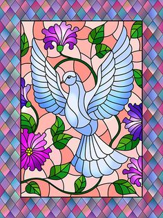 a stained glass window with a white dove and purple flowers in the center, surrounded by green leaves