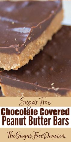 sugar free chocolate covered peanut butter bars stacked on top of each other with text overlay