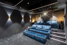 an empty theater with blue couches and lights