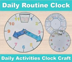 three clocks with the words daily routine clock on each one and an arrow pointing in different directions