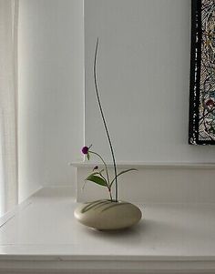 a vase with flowers in it sitting on a shelf