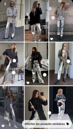 Metalic Pants Winter Outfit, Brown And Fuschia Outfit, Metallic Suits Women, Metallic Pants Outfit Winter, Silver Pants Christmas Outfit, Metalic Pants Silver Outfit, Silver Metallic Jeans, How To Wear Silver Pants, Silver Metallic Trousers Outfit