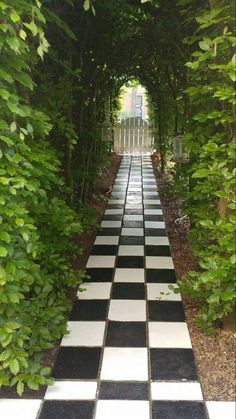 a black and white checkered walkway surrounded by trees