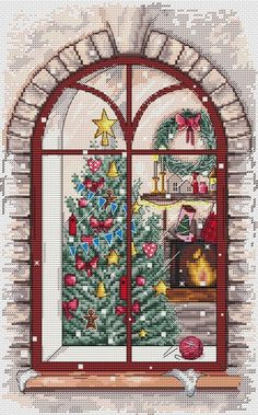 a cross stitch christmas tree in front of a window with presents on the windowsill