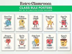 the retro classroom class poster set includes six different posters, including one with cartoon characters